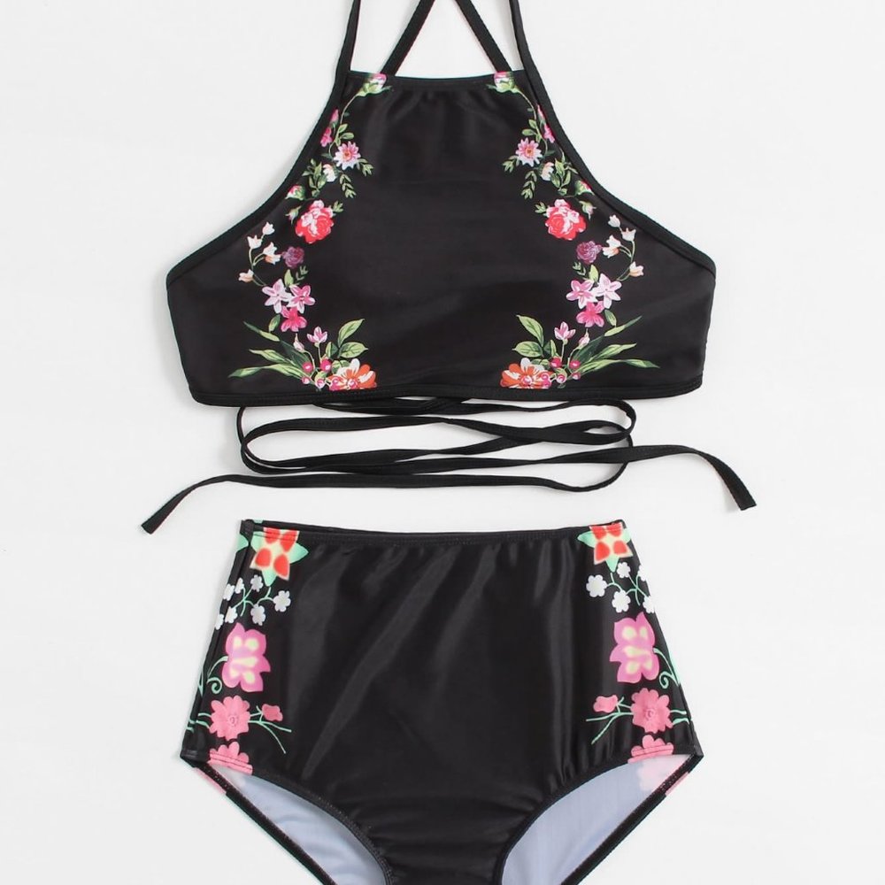 Criss Cross Floral Top With High Waist Bikini